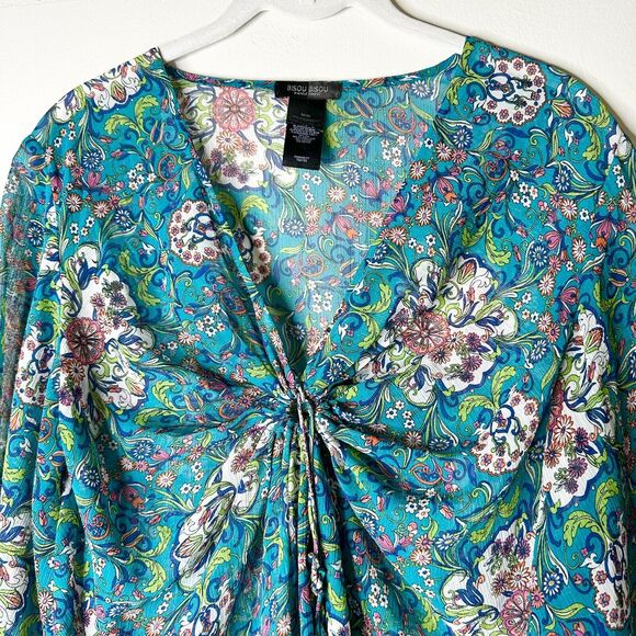BISOU BISOU Top Women M Teal Blue Floral Sheer Flowy Babydoll V-neck Blouse NWOT - Picture 2 of 7